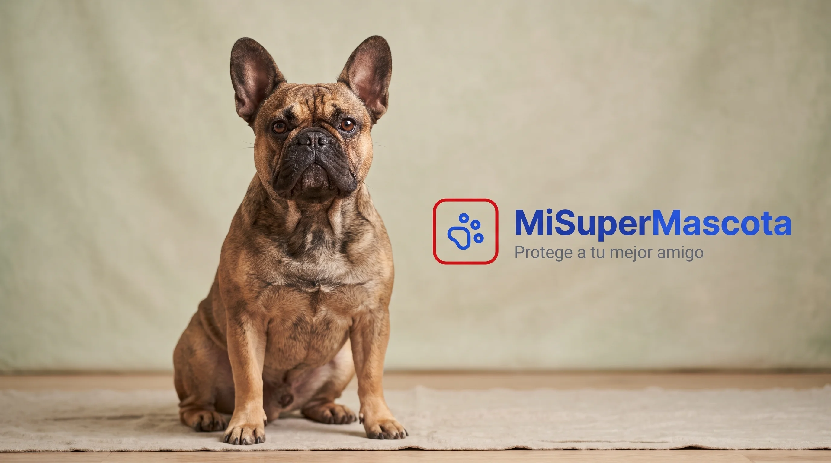 MiSuperMascota - Seguro de salud para Bulldog Francés Fotografía de estudio de un perro Bulldog Francés atigrado sentado sobre una alfombra, junto al logo de MiSuperMascota y el eslogan "Protege a tu mejor amigo".