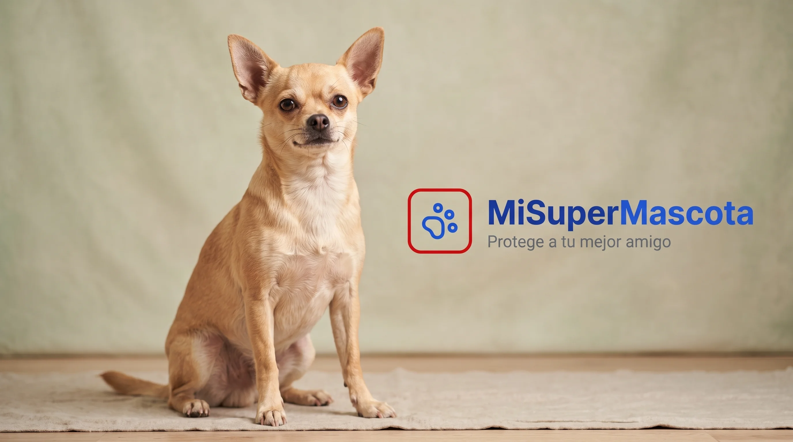 MiSuperMascota - Seguro para Chihuahuas Fotografía de estudio de un perro Chihuahua beige sentado sobre una alfombra, con el logo de "MiSuperMascota" y el eslogan "Protege a tu mejor amigo" a la derecha.