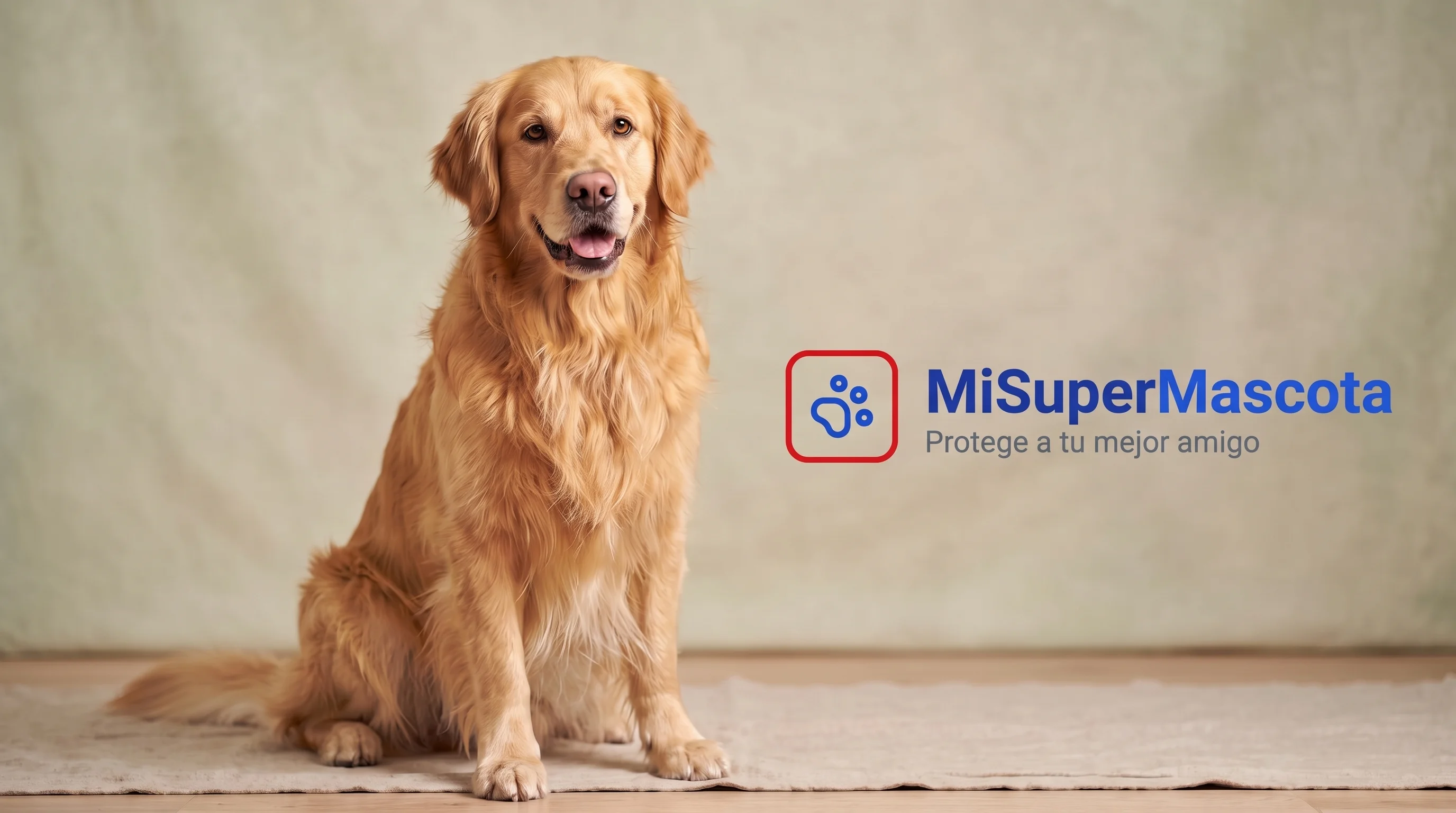 MiSuperMascota - Protege a tu Golden Retriever Un perro Golden Retriever sentado sobre una alfombra, mirando a la cámara. A la derecha, aparece el logo de MiSuperMascota en rojo con una huella azul y el texto MiSuperMascota y Protege a tu mejor amigo.