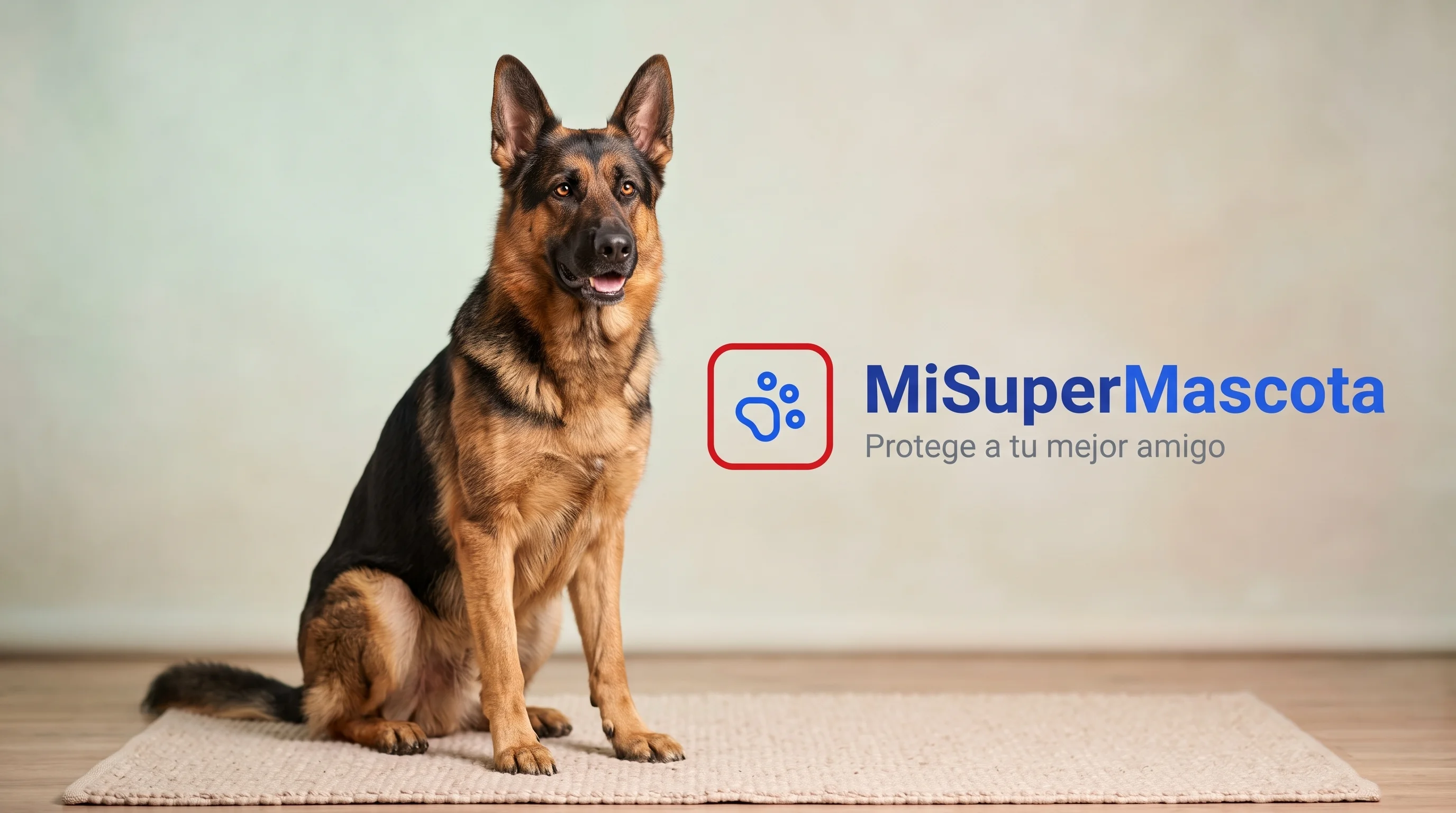 MiSuperMascota - Seguro de salud para Pastor Alemán Fotografía de estudio de un perro Pastor Alemán sentado sobre una alfombra, con el logo de "MiSuperMascota" y el eslogan "Protege a tu mejor amigo" a la derecha.