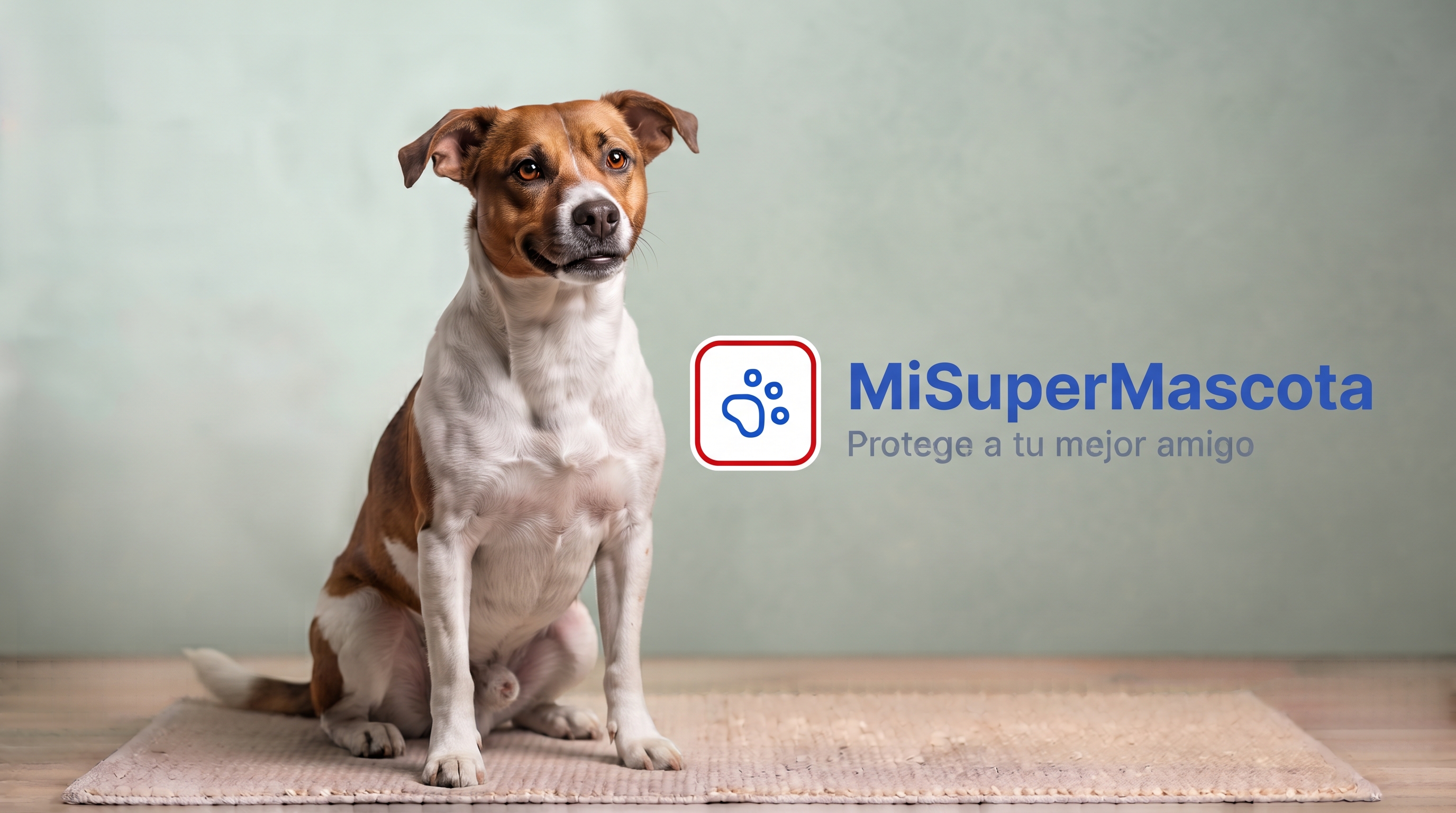 MiSuperMascota - Seguro de salud para perros mestizos Fotografía de estudio de un perro mestizo de tamaño mediano con pelaje bicolor marrón y blanco, sentado sobre una alfombra, con el logotipo de MiSuperMascota y el eslogan "Protege a tu mejor amigo" a la derecha.