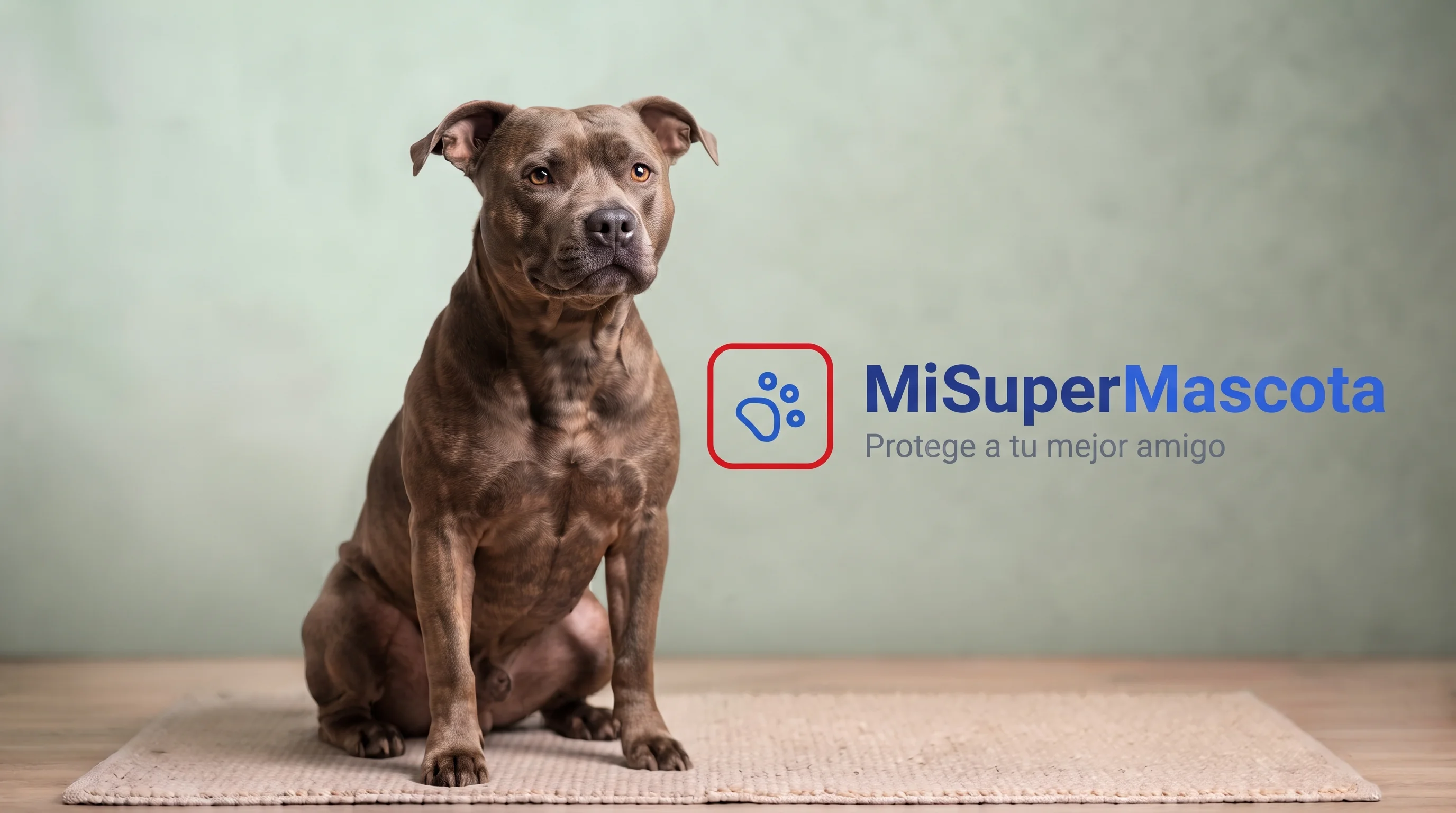 MiSuperMascota - Seguro especializado para razas PPP y Pitbull Fotografía de estudio de un perro tipo Pitbull de complexión atlética y pelaje marrón atigrado sentado sobre una alfombra, con el logo de MiSuperMascota y el eslogan "Protege a tu mejor amigo" a la derecha.