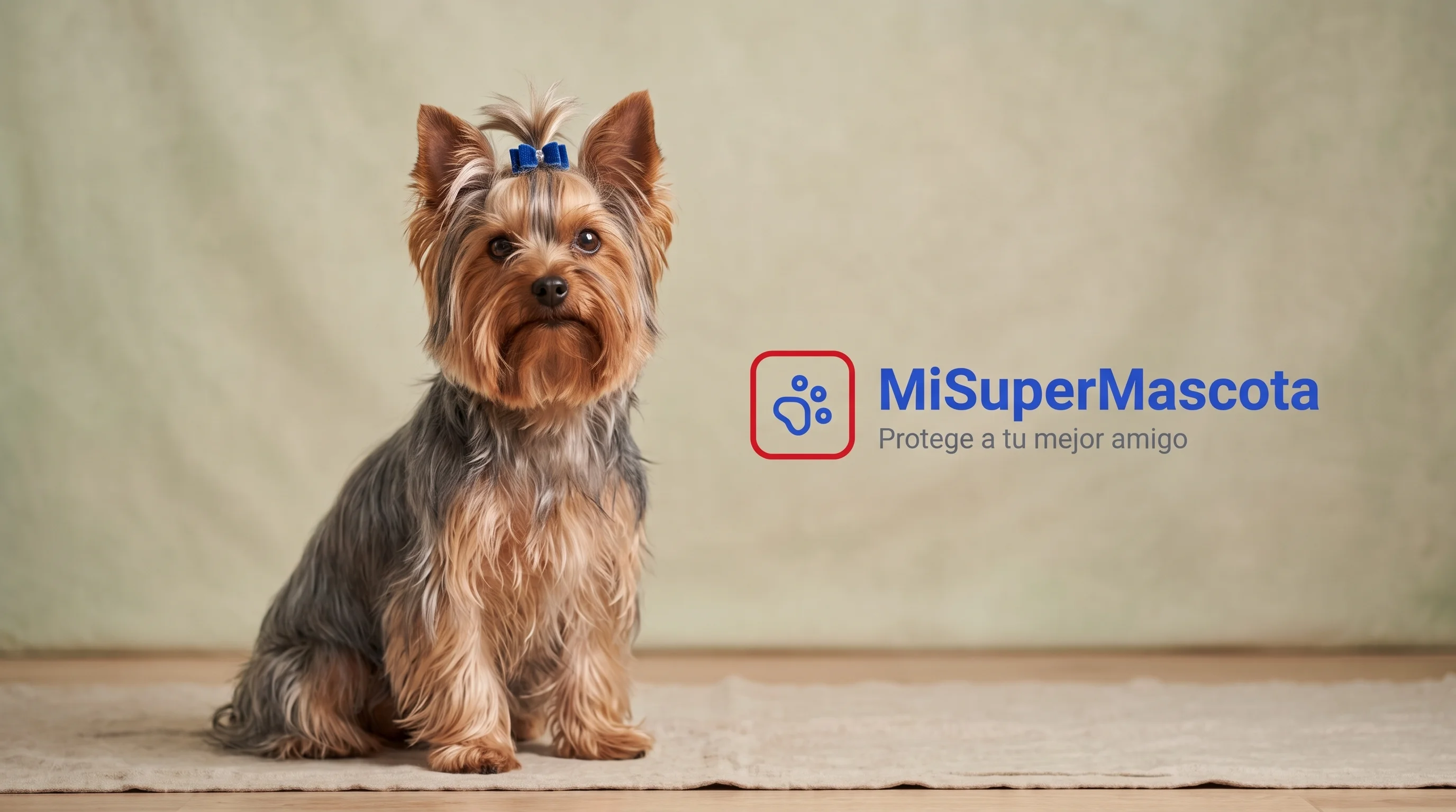 MiSuperMascota - Seguro de Salud para Yorkshire Terrier Fotografía de estudio de un perro Yorkshire Terrier con un lazo azul, sentado sobre una alfombra. A la derecha, el logotipo de MiSuperMascota con el eslogan "Protege a tu mejor amigo".