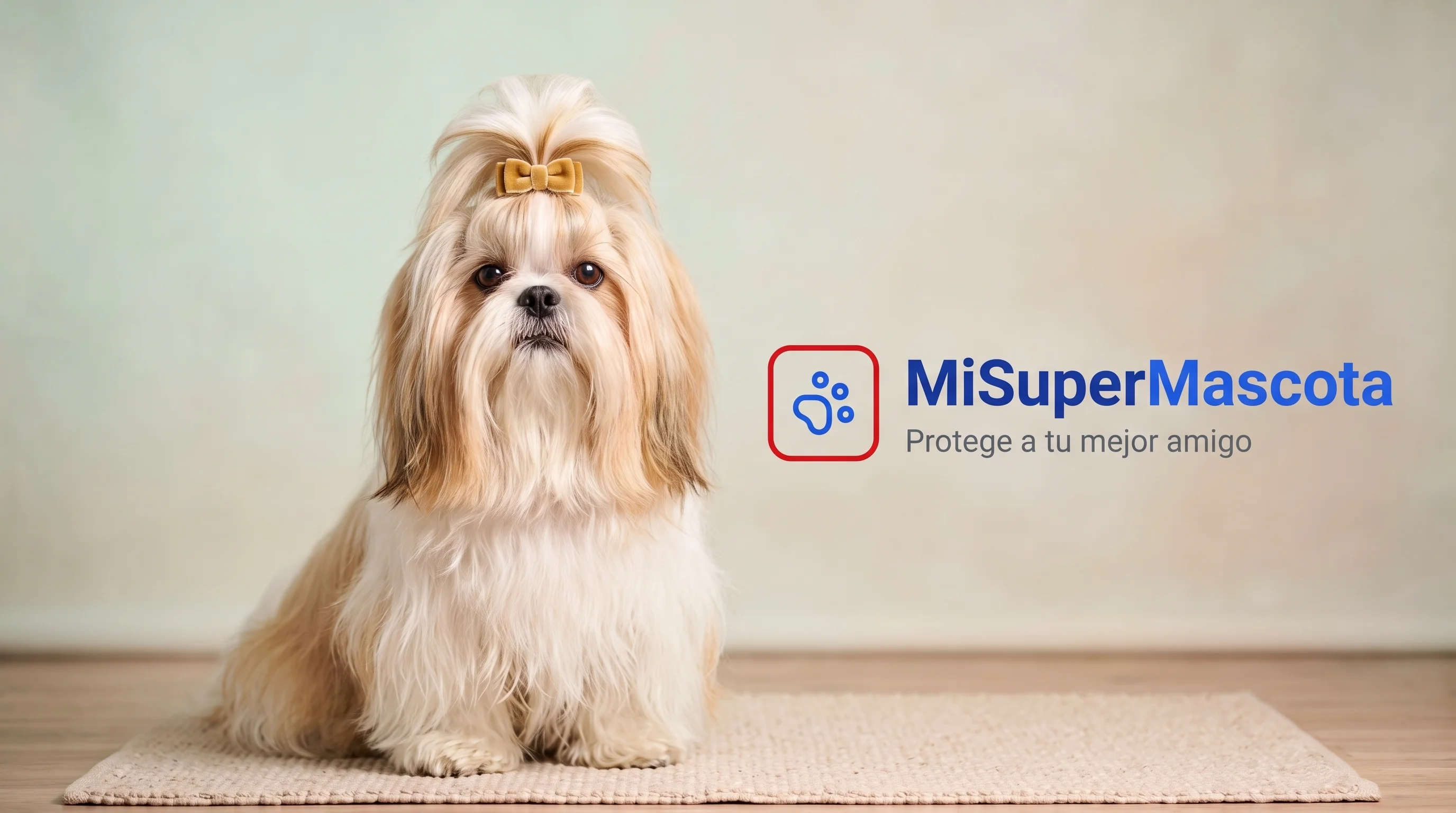 MiSuperMascota - Seguro de salud para perros Shih Tzu Fotografía de estudio de un perro Shih Tzu con pelo largo y un lazo dorado, sentado sobre una alfombra, con el logo de MiSuperMascota y el eslogan "Protege a tu mejor amigo" a la derecha.
